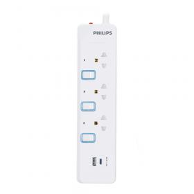 POWER STRIP (รางปลั๊กไฟ) PHILIPS 3 SOCKET 3 SWITCH 1 USB-C 1 USB-A 3 METER 2300 WATT CHP4734WB