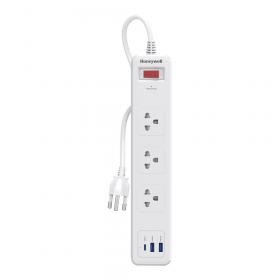 POWER STRIP (รางปลั๊กไฟ) HONEYWELL 3 OUTLET 1 SWITCH 1 USB-C 2 USB-A 1.8 METER 2500 WATT - WHITE (HC