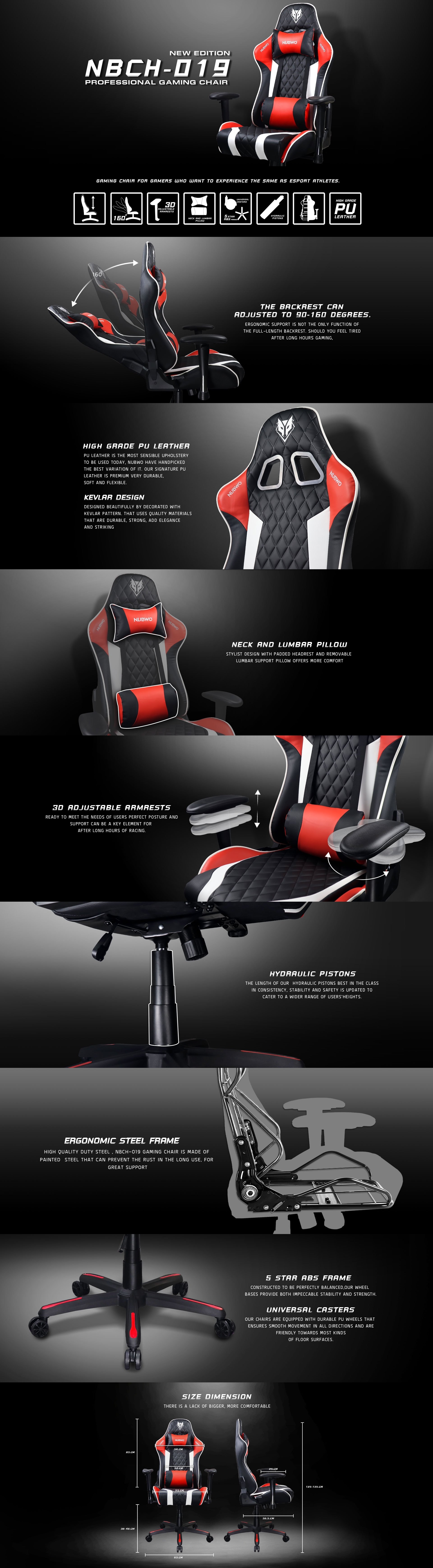 GAMING CHAIR (เก้าอี้เกมมิ่ง) NUBWO GAMING CH-019 (NBCH019) BLACK/WHITE/RED